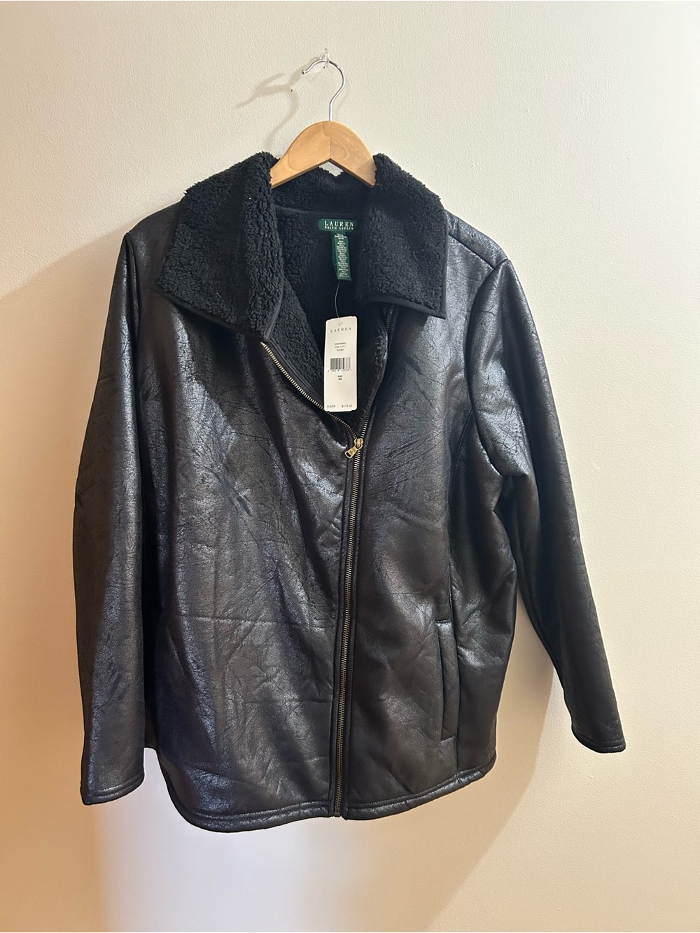 Lauren Ralph Lauren Faux Shearling Moto Jacket, Women's 2X, Black, Sherpa Lined